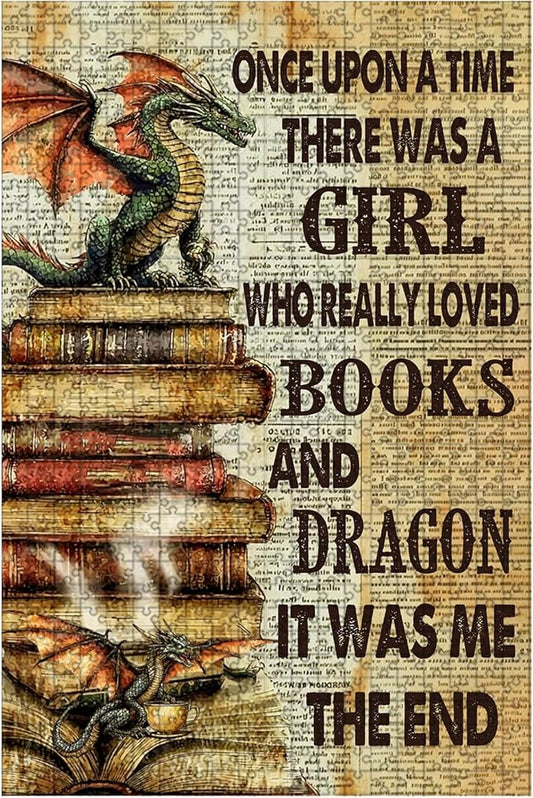 500 Piece Wooden Jigsaw Puzzle Once Upon a Time There was a Girl Who Loved Books & Dragons Adults Dementia Therapy Tool Gentle Cognitive Exercise Stress Relief Memory Boosting 20.4x15 Inch