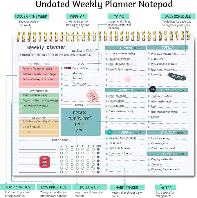 Weekly To Do List Notepad, 8.5''x11'' Weekly Desk Planner with 52 Tear Off Sheets Undated Weekly Planner Habit Tracker & Productivity Organizer for Home School and Work, Green