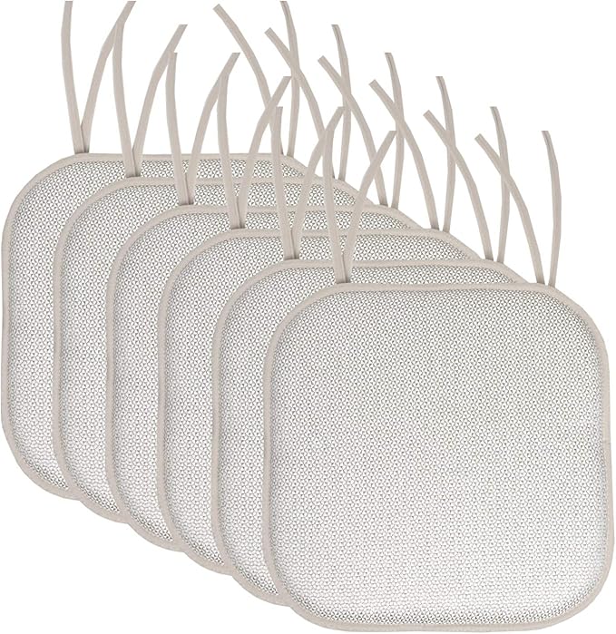 Sweet Home Collection Chair Cushion Memory Foam Pads with Ties Honeycomb Pattern Slip Non Skid Rubber Back Rounded Square 16" x 16" Seat Cover, 6 Pack, Cameron Silver White (Chair Pads with Ties)