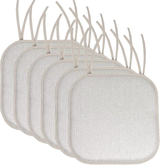 Sweet Home Collection Chair Cushion Memory Foam Pads with Ties Honeycomb Pattern Slip Non Skid Rubber Back Rounded Square 16" x 16" Seat Cover, 6 Pack, Cameron Silver White (Chair Pads with Ties)