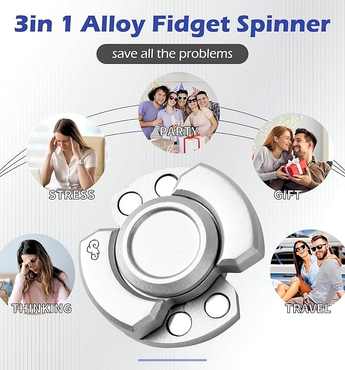 Metal Fidget Toys Adults,3 Play Model (Fidget Spinner,Fidget Clicker,Fidget Slider),Ultra-Silent,High-Speed Rotation,Compact Stress Relief Toy for Adult(Silver)