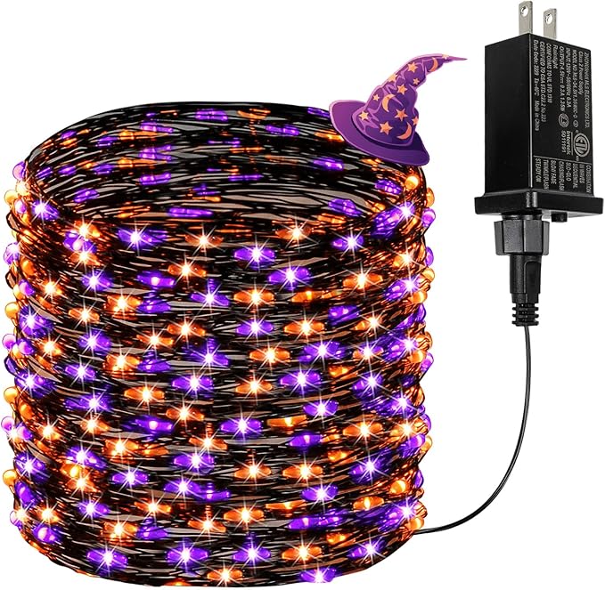 66Ft 200 LED Halloween Fairy Lights Plug in, 8 Modes String Lights with Timer for Outdoor & Indoor, Waterproof Twinkle Lights for Bedroom Garden Party Patio Halloween Decorations (Purple&Orange)