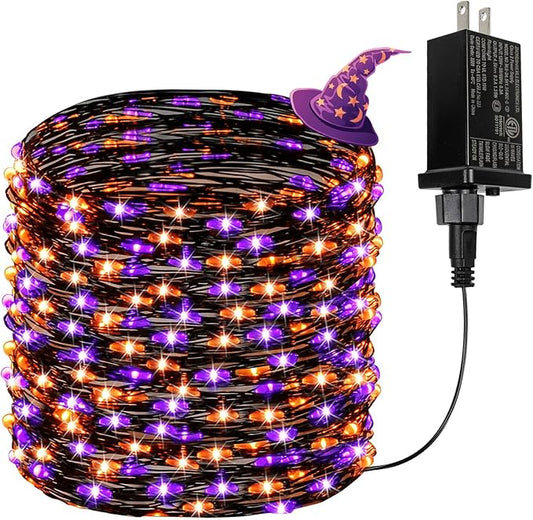 66Ft 200 LED Halloween Fairy Lights Plug in, 8 Modes String Lights with Timer for Outdoor & Indoor, Waterproof Twinkle Lights for Bedroom Garden Party Patio Halloween Decorations (Purple&Orange)