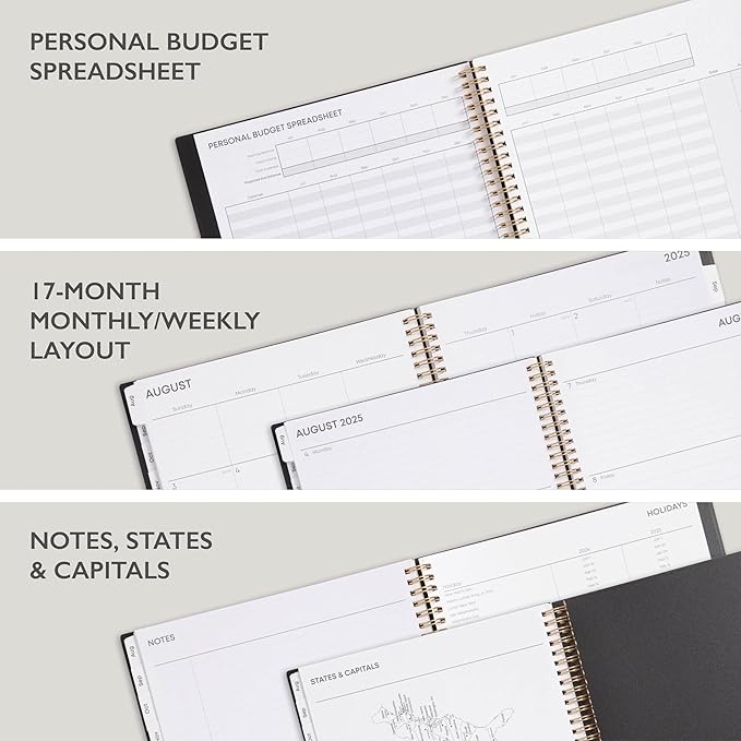 Blue Sky 17 Month 2024-2025 Academic Year Weekly and Monthly Planner From August 2024 - December 2025, 8.5" x 11", Flexible Cover, Wirebound, Black (150658)