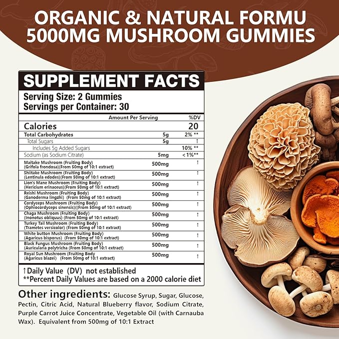 1 Pack 5000MG Mushroom Gummies -10 Blend Organic Mushroom Supplement containing Lion's Mane and Reishi for Brain and Immune Boosting, Blueberry Flavor, Non-GMO, 60 Counts
