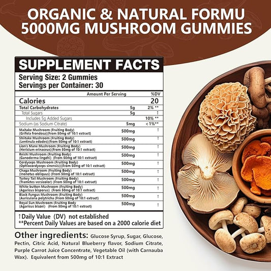 1 Pack 5000MG Mushroom Gummies -10 Blend Organic Mushroom Supplement containing Lion's Mane and Reishi for Brain and Immune Boosting, Blueberry Flavor, Non-GMO, 60 Counts