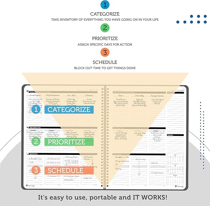 Planner Pad Spiral Bound 3-Tier Funnel Down 12 Month Organizer, July 2025 – June 2026 / Academic Year, Black Cover/Black Ink, 6 3/4" x 8 1/2"