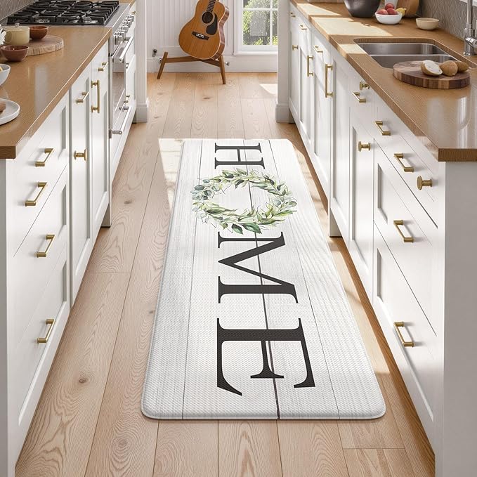 KIMODE Kitchen Mats Cushioned Anti Fatigue 24" x 59", Farmhouse Kitchen Rugs Runner Stain Resistant, Wide Ergonomic Standing Long Non Slip Waterproof Kitchen Floor Mat for Sink Laundry, White