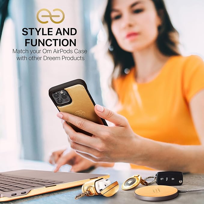 Dreem Om Case Cover with Keychain Clip Compatible with AirPods Pro 2/Pro, Protective One-Piece Hard Shell, Luxury Vegan Leather AirPod Pro Case 2nd/1st Generation with Separate Clip [Gold]