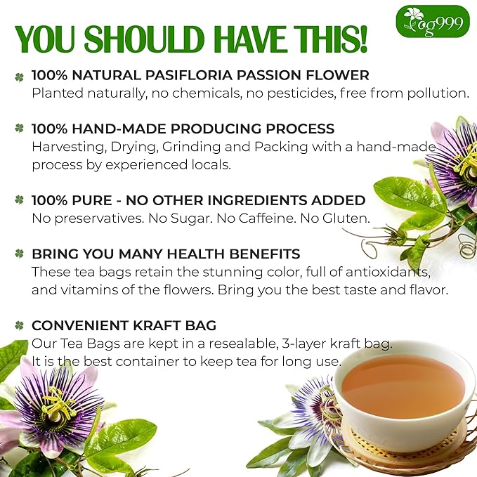 TOG999 120 Pasiflora Pasion Flower Tea Bags, 100 Percent Natural, Organic & Non-GMO, Pure Passion Flower. Herbal Tea. No Sugar, Caffeine, Gluten, Vegan.
