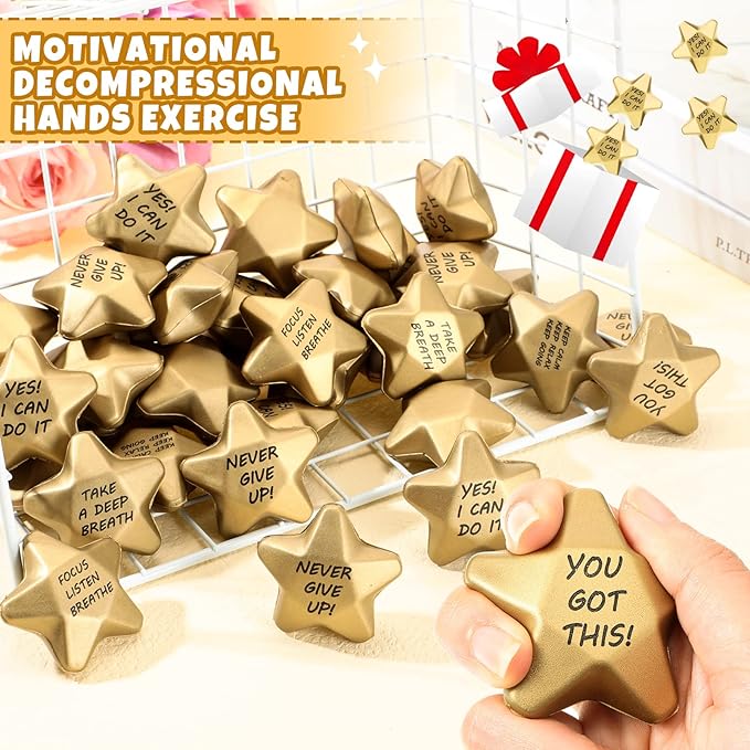Deekin 36 Pieces Star Stress Balls Mini Foam Ball Stress Relief Toys for Teens and Adults Student Bag Fillers, Gold(Motivational,1.6 Inch)