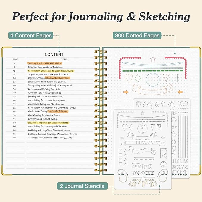 Bullet Dotted Journal Spiral Notebook, 300 Pages Leather Notebooks with Contens, 120 GSM Thick No Bleed Through Paper Journals, A4 Large Dot Grid Notebook for Women Men Work Writing, 8.5" x 11", Black