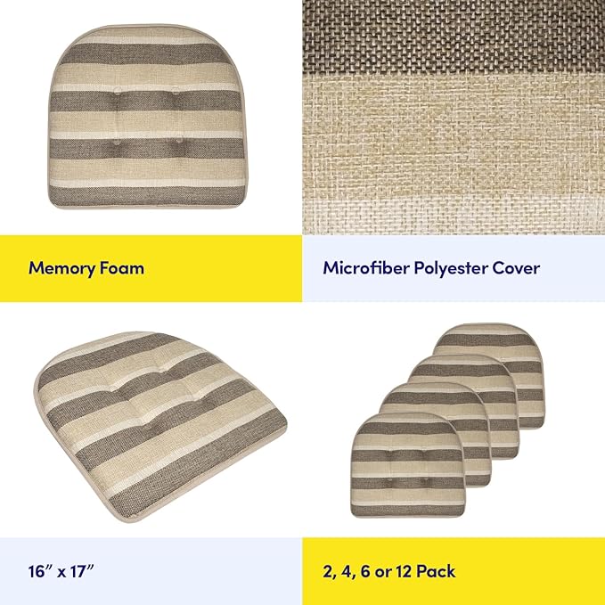 Sweet Home Collection Chair Cushion Memory Foam Pads Tufted Slip Non Skid Rubber Back U-Shaped 17" x 16" Seat Cover, 2 Count (Pack of 1), Bradford Beige/Brown