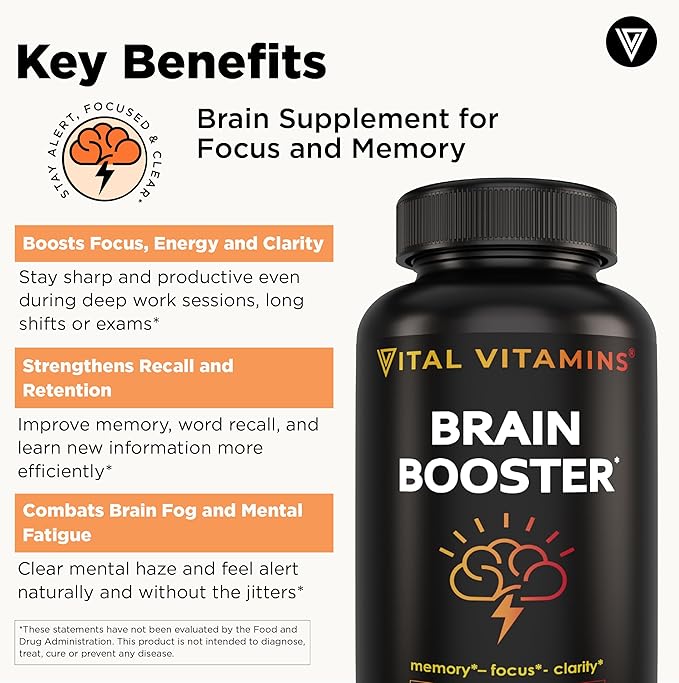 Vital Vitamins Brain Supplements for Memory and Focus (3 Pack) – Nootropic Brain Booster with Ginkgo Biloba, Rhodiola, B12 – Caffeine-Free Support for Adults & Seniors – 90-Day Supply