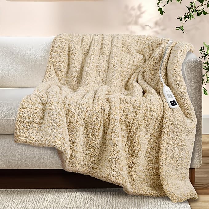 Electric Heated Blanket Throw 50x60 inches, Fast Heating w/ 10 Heat Settings & 2/4/8/10H Auto Timer, Double-Sided Sherpa, Ultra Soft & Cozy for Couch, Bed, Office, Machine Washable, Light Camel