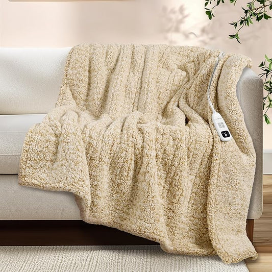 Electric Heated Blanket Twin 62x84 inches, Fast Heating w/ 10 Heat Settings & 2/4/8/10H Auto Timer, Double-Sided Sherpa, Ultra Soft & Cozy for Couch, Bed, Office, Machine Washable, Light Camel