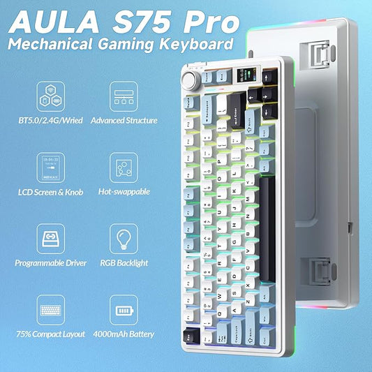 AULA S75 PRO Wireless Mechanical Keyboard with Screen&Knob, 75% Hot Swappable Gaming Keyboard with Pre-lubed Switches, RGB Backlit, PBT Keycaps Creamy Sounding Pc Gaming Keyboards