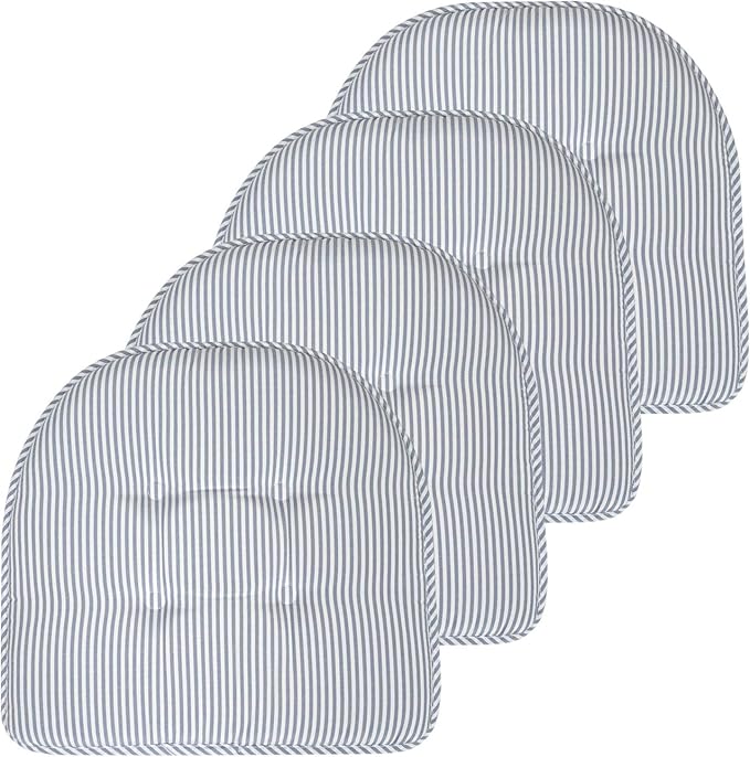 Sweet Home Collection Chair Cushion Memory Foam Pads Tufted Slip Non Skid Rubber Back U-Shaped 17" x 16" Seat Cover, Pinstripe Blue 4 Count