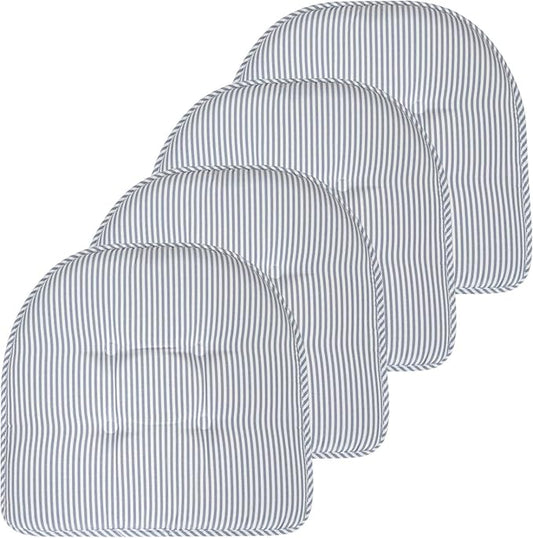 Sweet Home Collection Chair Cushion Memory Foam Pads Tufted Slip Non Skid Rubber Back U-Shaped 17" x 16" Seat Cover, Pinstripe Blue 4 Count