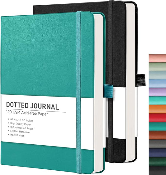 RETTACY Bullet Dotted Journal Notebook, 2-Pack, 160 Numbered Pages per Pack, A5 Medium Size (5.7'' x 8.3''), 120 GSM Thick Paper, Leather Hardcover, for Bullet Journaling (Black & Cyan)