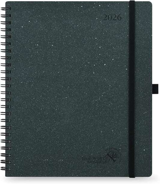 POPRUN 2026 Planner - 2026 Recycled Weekly Planner [Italian Regenrated Leather - Medium Size 8.5'' x 10.5''] - 2026 Weekly Planner with Hourly Schedule, Monthly Tabs-26-WERK7-BGY - Black Grey