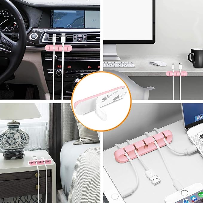 Pink Desk Cable Organizer - 5 Pack (7-5-3-1-1 Slots) Cord Clips for Cord Management, Cleans Up Messy Wires at Home, Car and Office