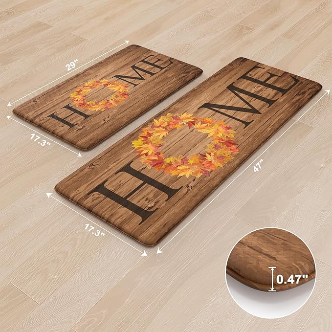 KIMODE Fall Kitchen Mat Anti Fatigue, Farmhouse Maple Leaves Kitchen Rugs Sets of 2, Autumn Cushioned Kitchen Floor Mats, Comfort Kitchen Rugs Non Slip for Floor Sink, Laundry, Desk 17"x47"+17"x29"
