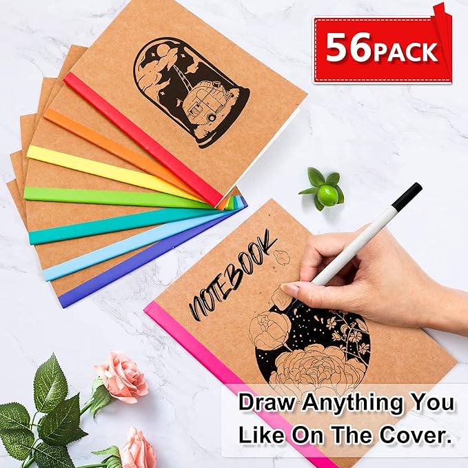 feela 56 Pack Composition Notebooks Bulk, Kraft Cover Lined Blank College Ruled Composition Travel Journals with Rainbow Spines For Women Students Business, 60 Pages, 8.3”x 5.5”, A5, 8 Colors