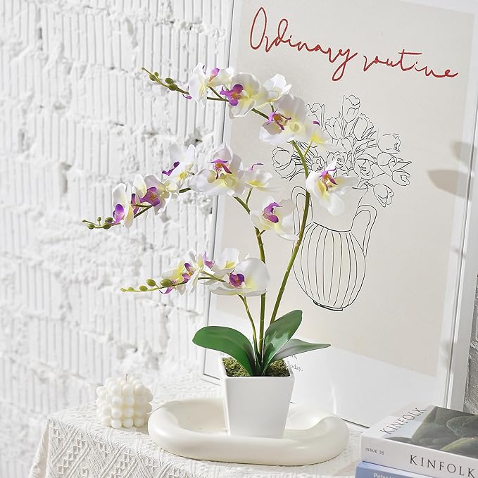 Faux Orchid in Vase Tall Artificial Orchid in Ceramic Vase Tall Silk Orchids with Stems Real Look Potted Fake Phalaenopsis Arrangement Centerpiece Table Decorations for Home Decor Indoor, White