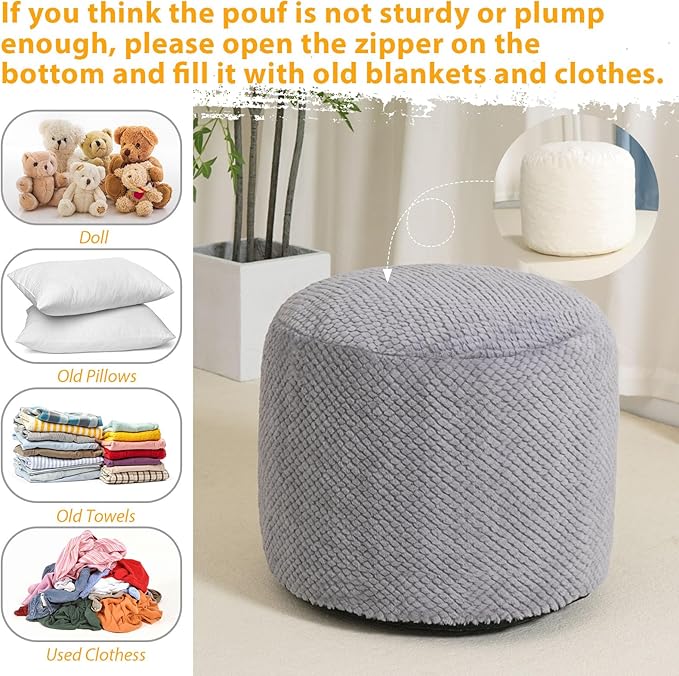 Round Stuffed Pouf Ottoman for Foot Rest, Faux Fur Poufs with Foam Chunk Filling, Storage Ottoman Pouf Foot Stool Cushion Poufs, 20 X 15 Inch Floor Chair for Living Room Bedroom Home Decor, Gray
