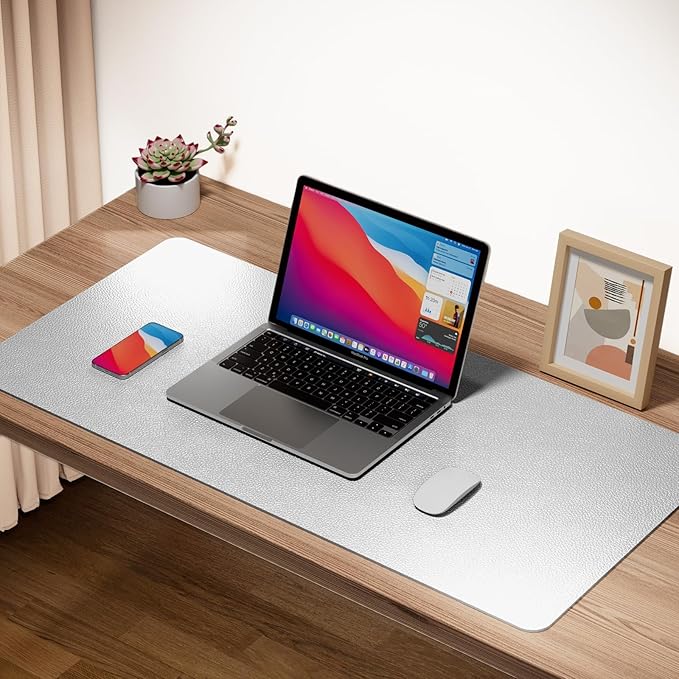 Boutilon Leather Desk Pad Protector,Non-Slip Mouse Pad,Laptop Desk Pad,Office Mouse Mat,Waterproof Leather Desk Blotter,Desk Writing Pad for Office and Home (S-Silver,24"x 14")