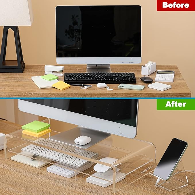 Acrylic Monitor Stand - 20" L x 10" W x 4" H Clear Riser With Removable Storage Compartment for Laptop, TV Screen, Printer - Includes Free Cell Phone Stand