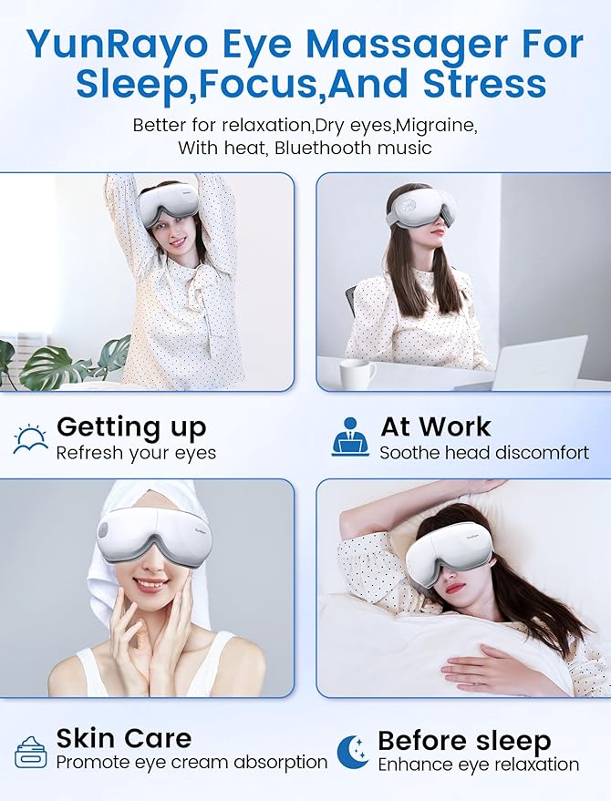 Eye Massager with Bluetooth Music, Heat Therapy, Air Pressure & Vibration – Rechargeable for Eye Fatigue, Dry Eyes, Headache Relief, Gifts for Women/Men,Home/Office Use