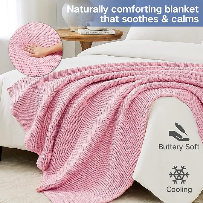 Guohaoi Knitted Weighted Blanket Kids (Pink 50"x60" 5lbs) No Beads Cooling Heavy Blanket, Home Decor Breathable Chunky Knit Throw Blanket for All-Season Use