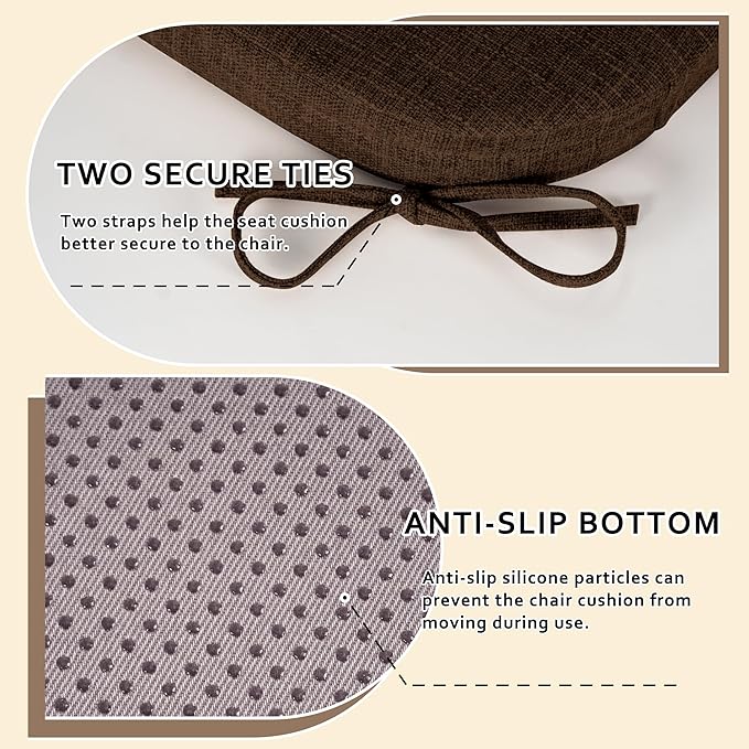 ELFJOY Chair Cushions for Dining Chairs Kitchen Chair Cushions U Shape Non Slip Chair Pads Set of 4 Seat Cushions with Ties Indoor 16.7" x 16" Coffee