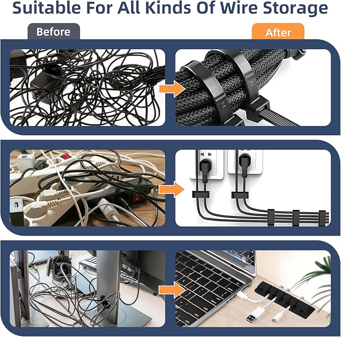 319pcs Cable Management Organizer Kit, Desk Cord Organizer, 98 Adhesive Cable Clips Holder, 17 Reusable Cable Strap, 4 Cable Sleeve Split, and 200 Nylon Cable Zip Ties (Black)