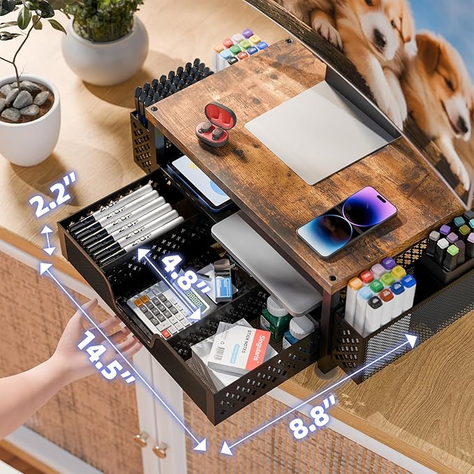 Simple Trending 2 Tier Monitor Stand Riser, Wood Computer Desk Organizer with Drawer and Pen Holder for Laptop Office, iMac, Brown