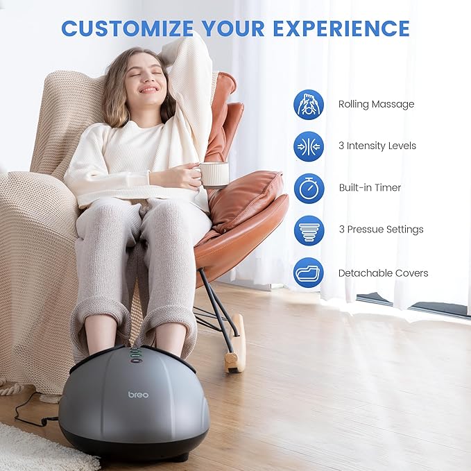 Breo Foot Massager with Heat, Deep Tissue Kneading, Shiatsu Massage Machine for Relax, Relieve Foot Pain, Plantar Fasciitis, Fits Feet Up to Men Size 12, Mother's Day Gift