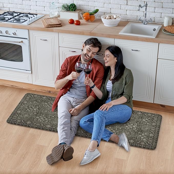 KIMODE Anti Fatigue Kitchen Mat, Cushioned Farmhouse Kitchen Runner, Non Slip Waterproof Kitchen Mat for Floor, Comfort Foam Standing Desk Mat for Laundry, Office, Sink Green/Grey 17.3"x59"