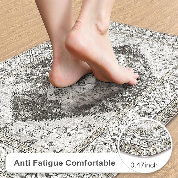 KIMODE Anti Fatigue Kitchen Mats for Floor,17.3" x 29" Cushioned Boho Vintage Grey Kitchen Rugs,Non-Slip Waterproof Kitchen Sink Standing Mat Wipe Clean for Kitchen,Laundry Floor
