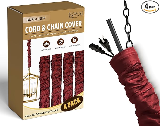 Royal Designs, Inc. Cord & Chain Cover 4 ft Silk Type Fabric, Chandelier Pendant Lighting Chain & Cable Management, Touch Fastener, Burgundy - 4 Pack
