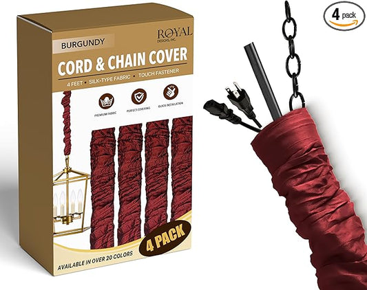 Royal Designs, Inc. Cord & Chain Cover 4 ft Silk Type Fabric, Chandelier Pendant Lighting Chain & Cable Management, Touch Fastener, Burgundy - 4 Pack