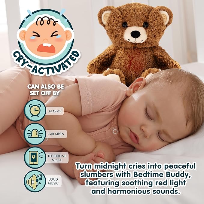 Gemma Joy Baby Sleep Soother Brown Bear for Baby – Cry Activated Heartbeat Stuffed Animal – Rechargeable Crib Soother with White Noise, Shush, Lullabies & Night Light – Newborn Essentials Must Haves