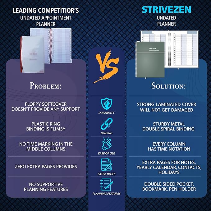 Appointment Book, Schedule Planner by StriveZen, 2025 2026, Daily, Hourly, 15 Minutes Increments, Weekly Scheduling, 7" x 8-3/4", Pockets, 128 Pages, HARDCOVER, UNDATED