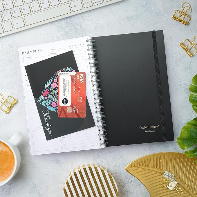 Daily Planner Undated, Asten To Do List Notebook Hourly Schedules Spiral Appointment Planner for Men and Women,PVC Hardcover,Elastic Closure, Inner Pocket 8.3" x 5.8" (Black)