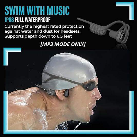 Bone Conduction Swimming Headphones with Bluetooth & 64GB MP3 Player, Shuffle & Repeat, IP68 Waterproof, Secure Fit for Workouts, Running, Cycling and Swimming, Microphone for Hands-free Calls