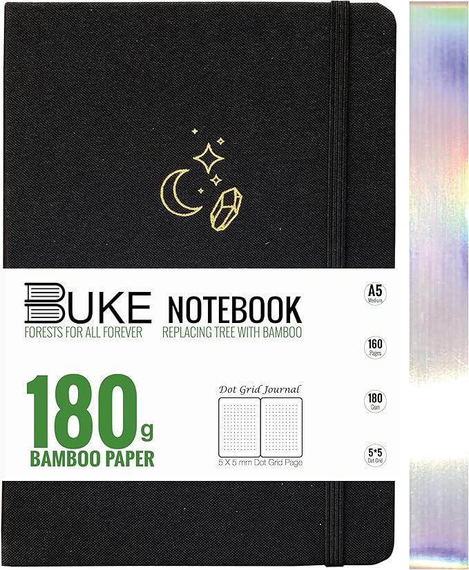 BUKE Mysterious MOON Diamond A5 Black Fabric Hardcover Dotted Notebook Dot Grid Journal 180gsm Bamboo White Paper, 5 * 5MM Dot Grid 160 Pages, Lay Flat Binding,Colored Silver Edges,Waterproof Cover