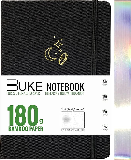 BUKE Mysterious MOON Diamond A5 Black Fabric Hardcover Dotted Notebook Dot Grid Journal 180gsm Bamboo White Paper, 5 * 5MM Dot Grid 160 Pages, Lay Flat Binding,Colored Silver Edges,Waterproof Cover