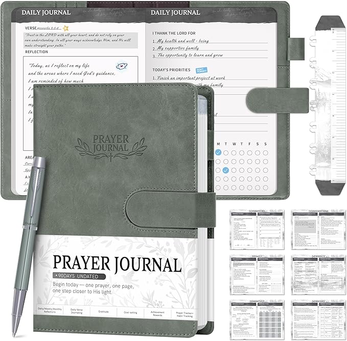 Ospelelf Green Faux Leather Prayer Journal - Christian Gift Journal for Women & Men, Daily Devotional Planner Notebook for Bible Study, Gratitude & Reflection, Undated 3-Month
