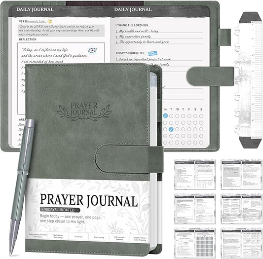Ospelelf Green Faux Leather Prayer Journal - Christian Gift Journal for Women & Men, Daily Devotional Planner Notebook for Bible Study, Gratitude & Reflection, Undated 3-Month